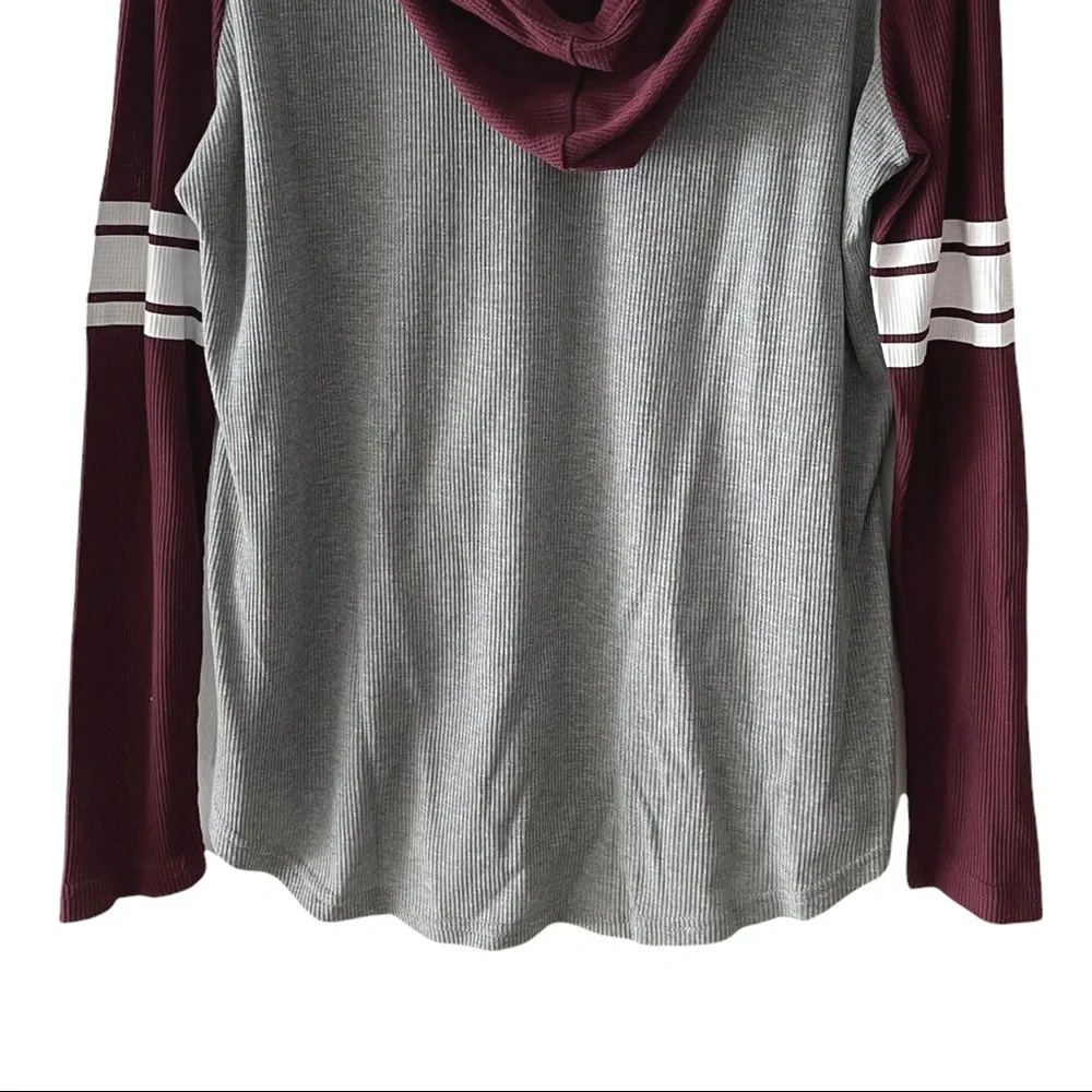 just be NYC Thermal Football Style V-neck Hooded Long Sleeve Shirt - Picture 10 of 16